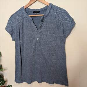 cable & gauge Blue Textured Short Sleeve Boho Henley Top Women’s Medium